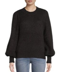 Time & Tru NWT Womens Puff Sleeve Crew Neck Sweater Black Gold Medium Mob Wife